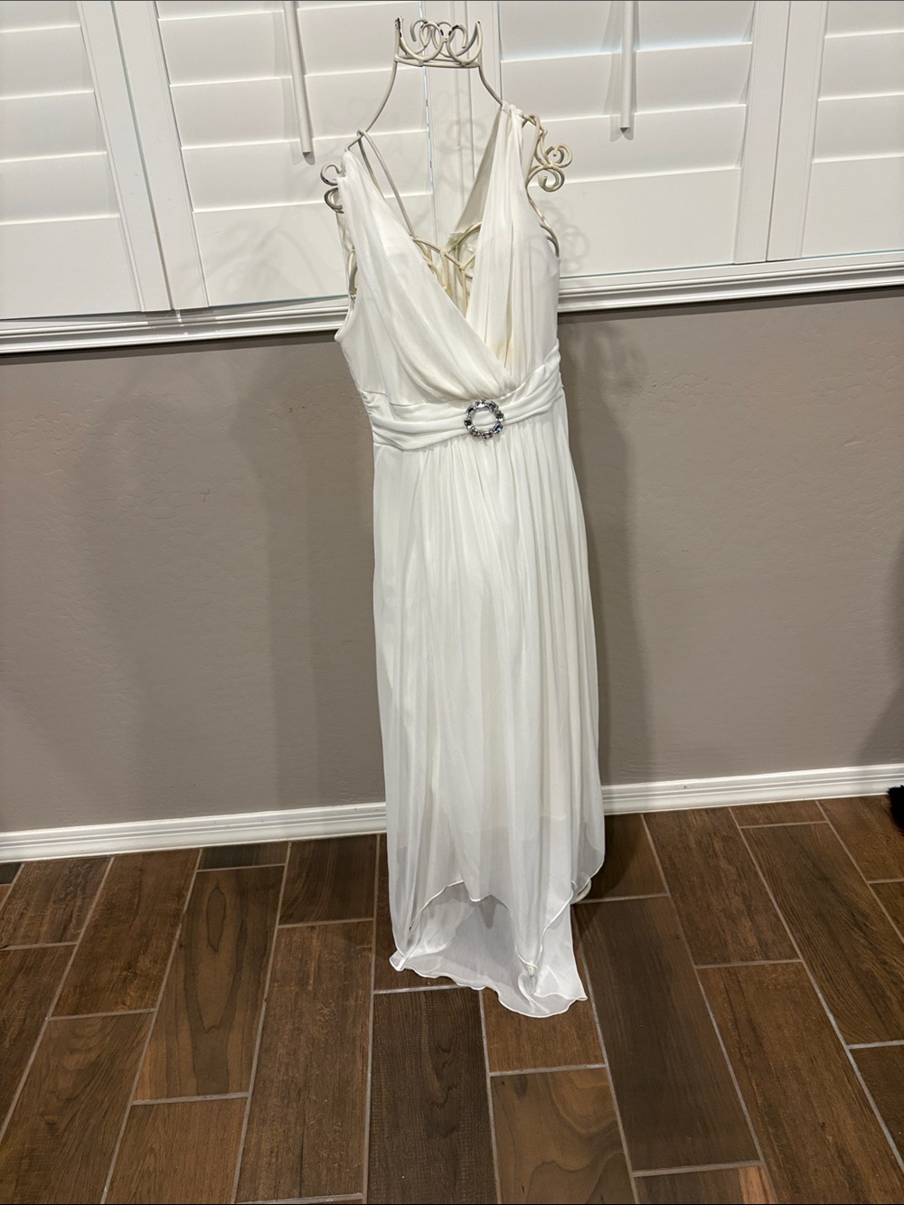 Enfocus Studio White Chiffon V-Neck Maxi Dress with Rhinestone Waist